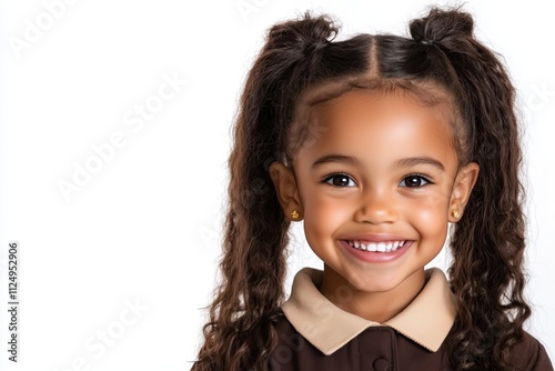 Little girl student wearing brown uniform with bright smile, hands in skirts pockets, isolated on white background