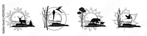 Winter, spring, summer, autumn time drawings set with silhouette animals - deer, bears, swallow birds, flying heron, 4 of year seasons icons isolated on white for banner, calendar, card, cover design.