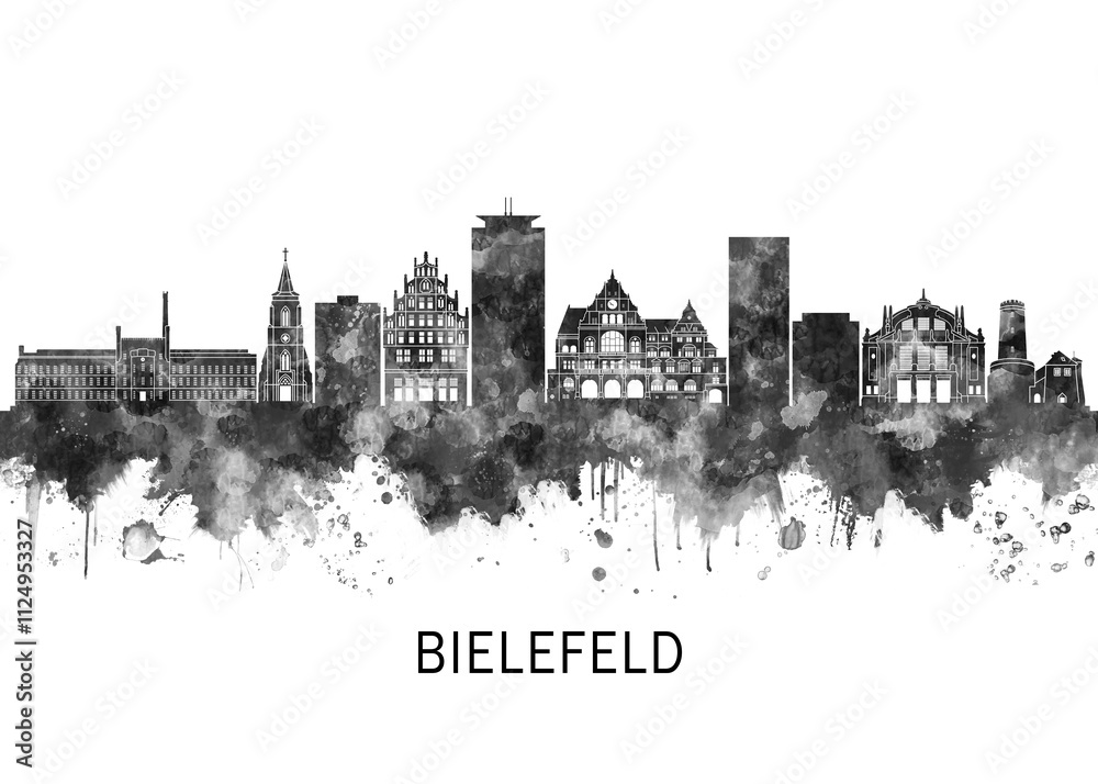 Bielefeld Germany Skyline BW, travel art illustration urban modern downtown landmarks skyscrapers artwork abstract architecture digital office home decor