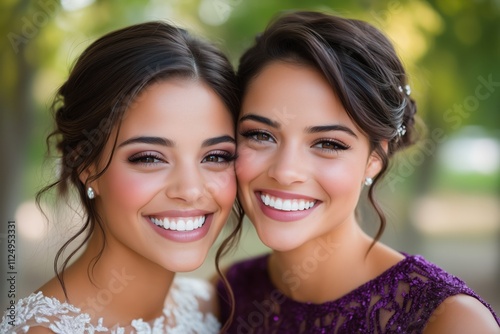 Two women celebrate joyfully in a park wearing elegant outfits for a special occasion under bright sunlight