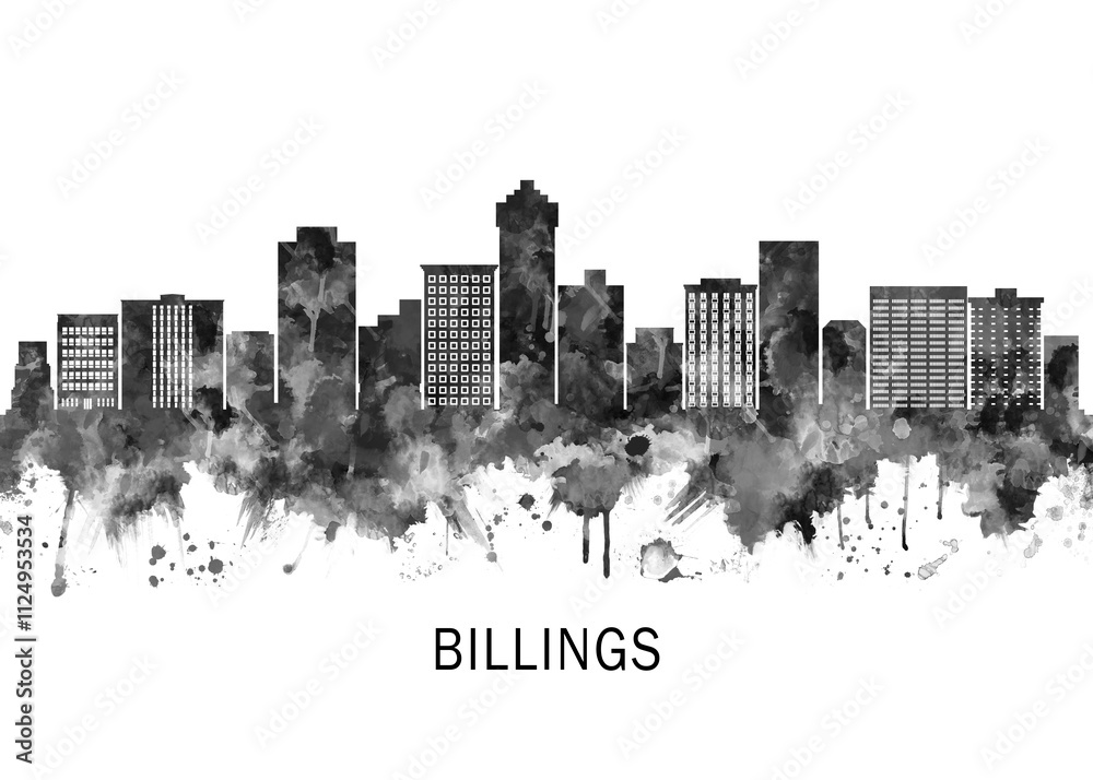 Fototapeta premium Billings Skyline BW, travel art illustration urban modern downtown landmarks skyscrapers artwork abstract architecture digital office home decor