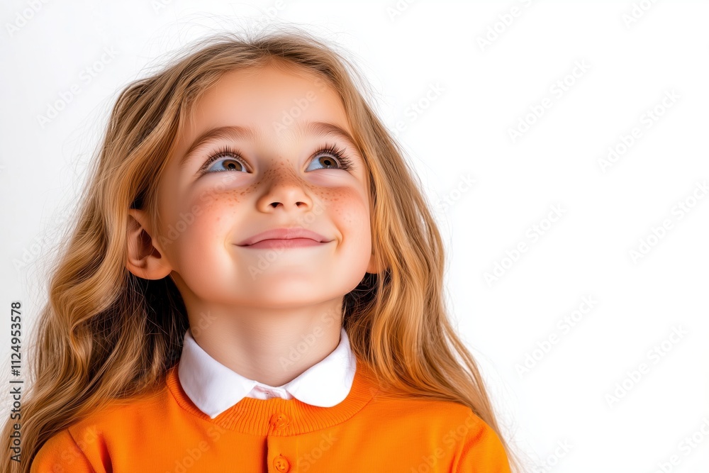 Little girl student from Germany in bright orange uniform smiles with joy against a white background Little girl student from Germany in bright orange uniform smiles with joy against a white background