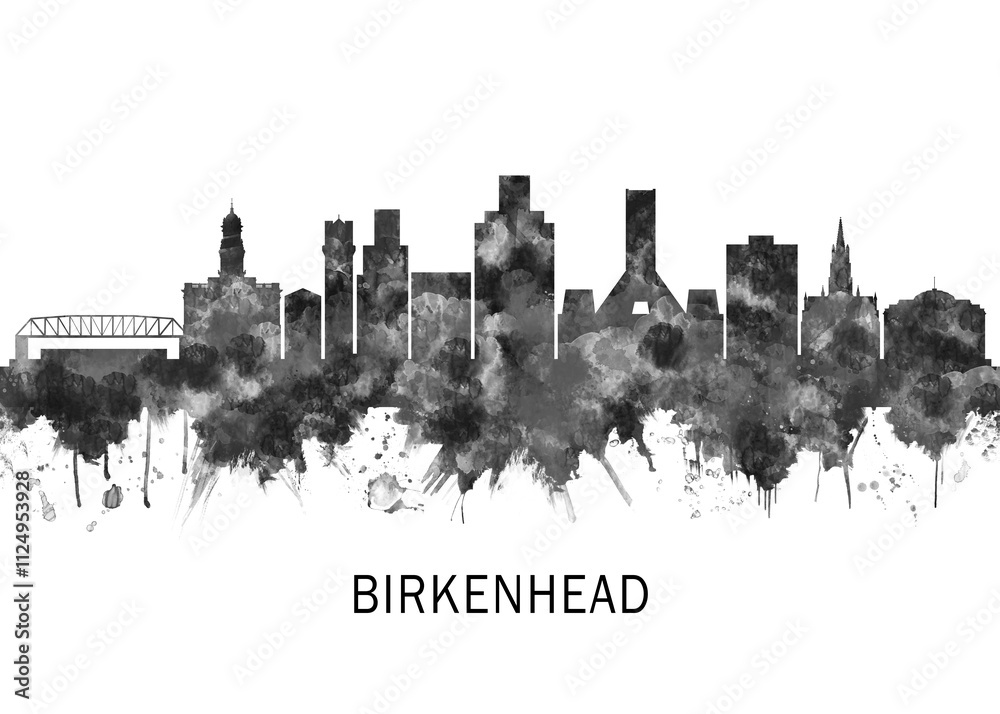 Obraz premium Birkenhead England Skyline BW, travel art illustration urban modern downtown landmarks skyscrapers artwork abstract architecture digital office home decor
