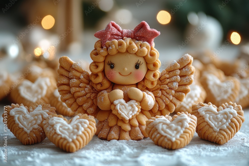 A charming cookie angel surrounded by heart-shaped cookies, perfect for festive occasions. A charming cookie angel surrounded by heart-shaped cookies, perfect for festive occasions.
