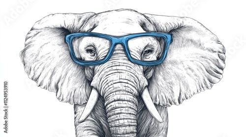 Elephant in a black and white illustration with big blue glasses, generative ai