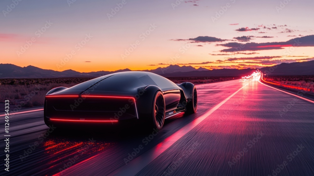 Naklejka premium Futuristic Car on a Desert Highway at Dusk with Neon Lights and Vibrant Clouds in the Background
