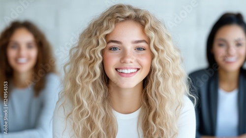 Caucasian blond young woman engaging confidently with two interviewers during a job interview in a modern office setting