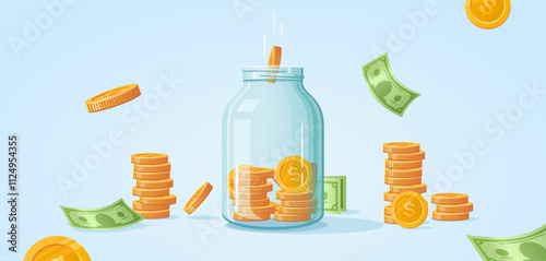 Glass jar for money. Investment vector concept
