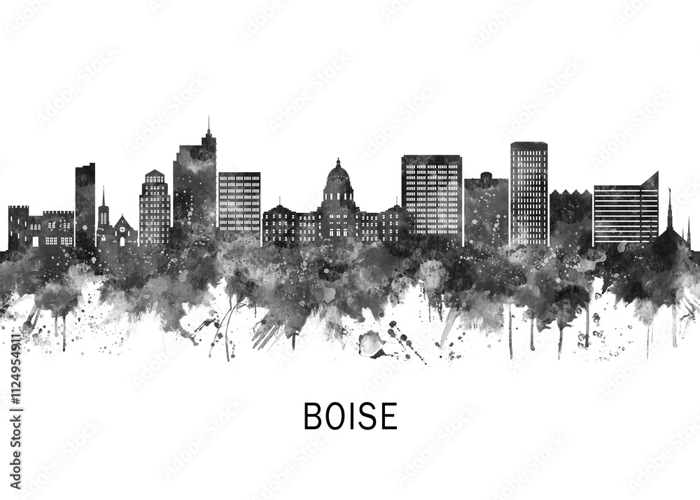 Obraz premium Boise Idaho Skyline BW, travel art illustration urban modern downtown landmarks skyscrapers artwork abstract architecture digital office home decor