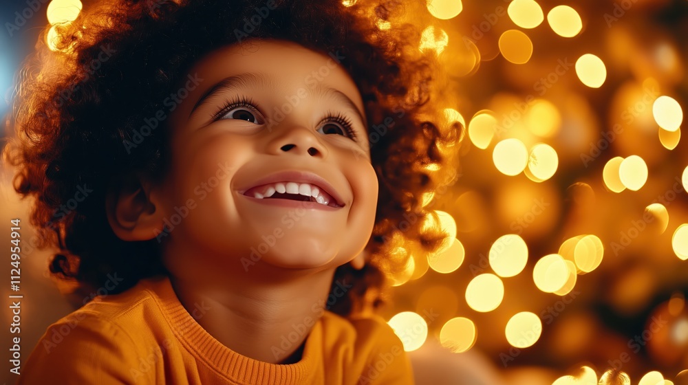 Smiling little boy enjoying Christmas spirit in a cozy modern living room with a festive tree at night Smiling little boy enjoying Christmas spirit in a cozy modern living room with a festive tree at night