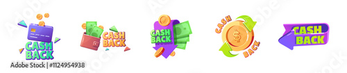 Icons of cash back offers. Concept of refund money after buy set icon