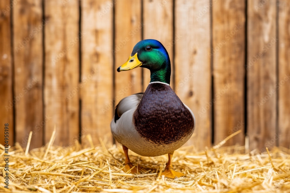 Obraz premium A white duck walking gracefully across a farmyard, surrounded by straw and rustic wooden fences