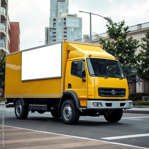 Delivery cargo truck with blank white board for mockup information is parked at urban street banner mockup advertising blank business display template photo