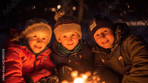 Three smiling children huddled together around a campfire at night in the snow.