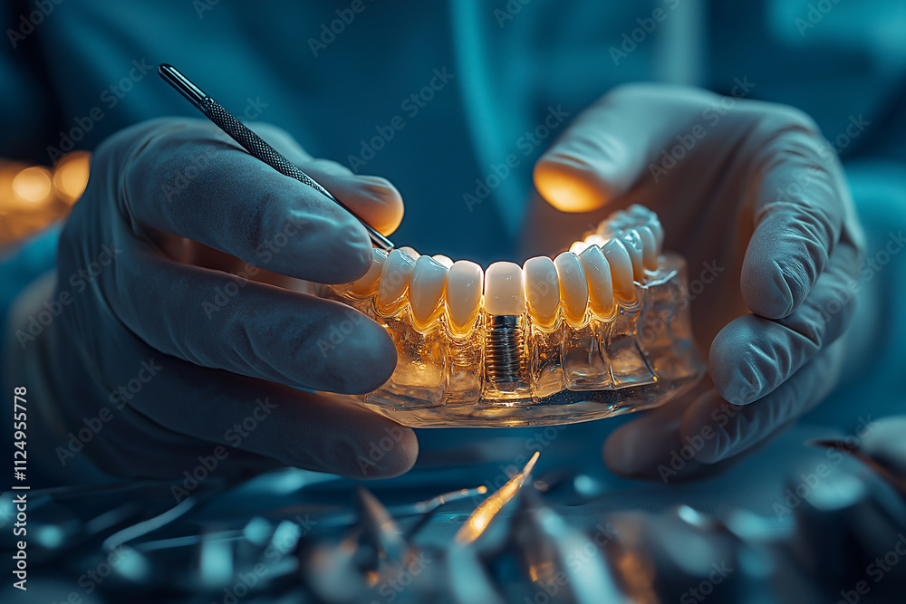 Fototapeta premium Dental technician creating and adjusting dental prosthetics in a lab setup. Generative AI