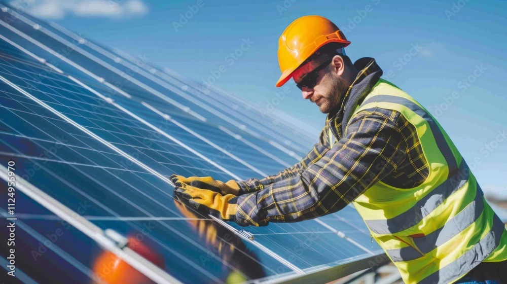 A worker in a yellow vest, hard hat, and sunglasses inspects solar panels with a tablet. Panels are rectangular, with black borders on a sunny day. A worker in a yellow vest, hard hat, and sunglasses inspects solar panels with a tablet. Panels are rectangular, with black borders on a sunny day.