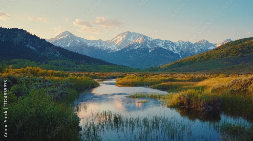 Obraz premium A young and beautiful woman radiates joy as she embraces the beauty of nature. Surrounded by majestic mountains and a tranquil river at sunset, she engages with the vibrant surroundings