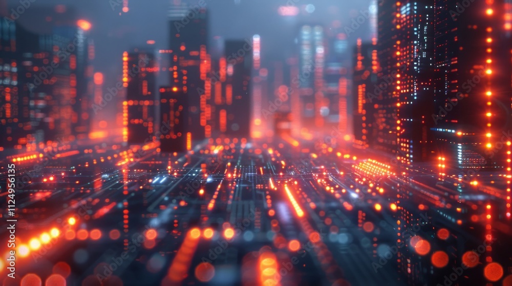 Abstract cityscape at night portrays a futuristic metropolis with unique architectural buildings and advanced technology. Digital elements like binary codes and light trails Abstract cityscape at night portrays a futuristic metropolis with unique architectural buildings and advanced technology. Digital elements like binary codes and light trails