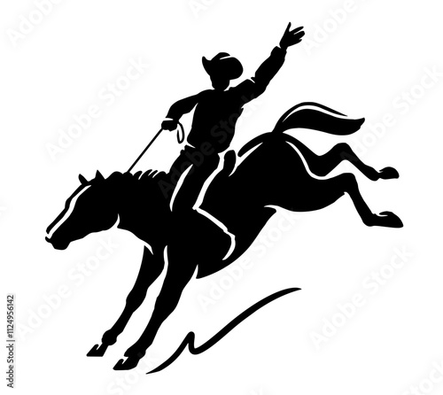 Rodeo cowboy on bucking horse, silhouette. Rodeo competition, extreme sport emblem, symbol or logo