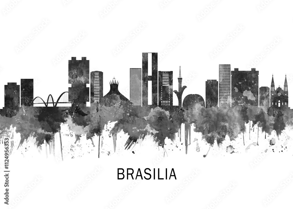 Brasilia Brazil Skyline BW, travel art illustration urban modern downtown landmarks skyscrapers artwork abstract architecture digital office home decor