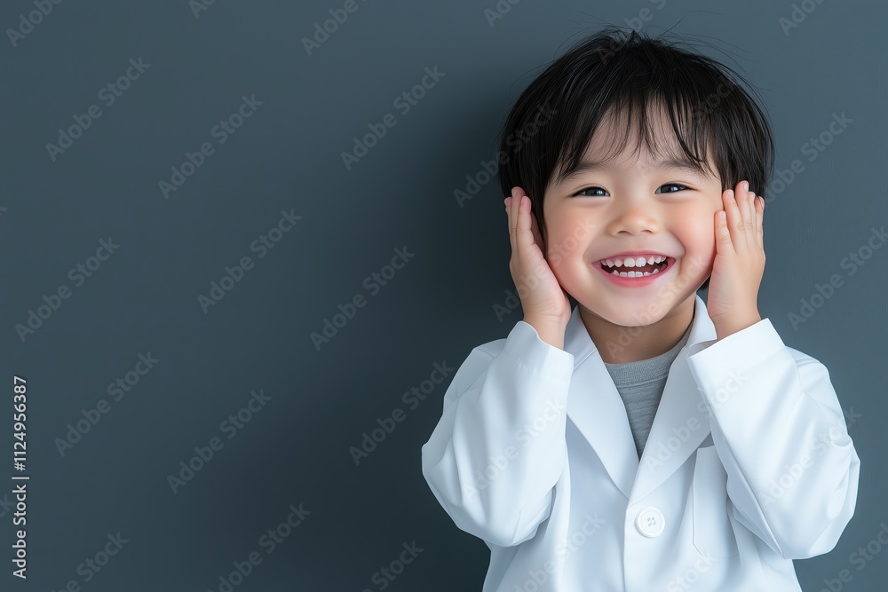Japanese boy in lab coat looks excited while posing happily against a gray background Japanese boy in lab coat looks excited while posing happily against a gray background