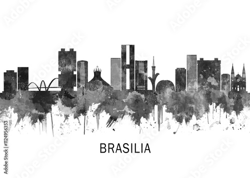 Obraz na płótnie Brasilia Brazil Skyline BW, travel art illustration urban modern downtown landmarks skyscrapers artwork abstract architecture digital office home decor w salonie
