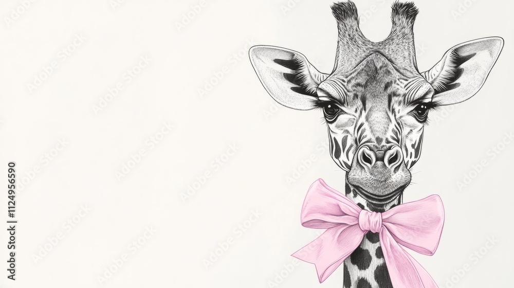 Black and white giraffe with pink bow around its neck, generative ai Black and white giraffe with pink bow around its neck, generative ai