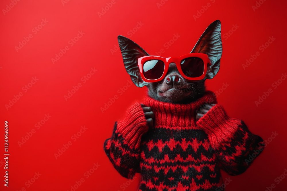 A trendy bat wearing a cozy Christmas sweater and red sunglasses, hanging against a striking red background for a fun seasonal theme.