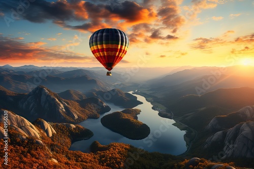 Hot air balloon aerostat flight over mountains and river.