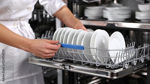 Close-up of a hand loading clean white dishes into a dishwasher in a kitchen setting