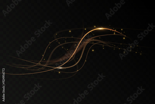 Gold curved light line, rope, tape. Smooth festive gold line png with light effects. Light golden Twirl png. Garland light gold.