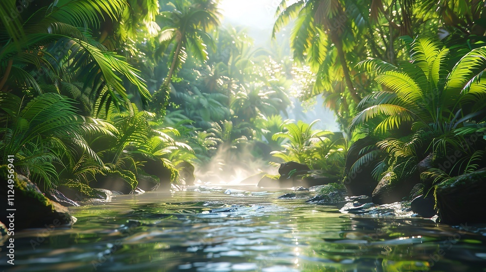 A tranquil river winding through the heart of a dense tropical jungle, with vibrant greenery reflected in its calm waters vector art illustraion generative AI. A tranquil river winding through the heart of a dense tropical jungle, with vibrant greenery reflected in its calm waters vector art illustraion generative AI.