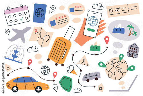 Vector illustration set, traveling app icons, suitcase, taxi, airplane, passport, doodles of tickets, hotel reviews, and online travel platforms. Flat cartoon design for tourism and vacation planning