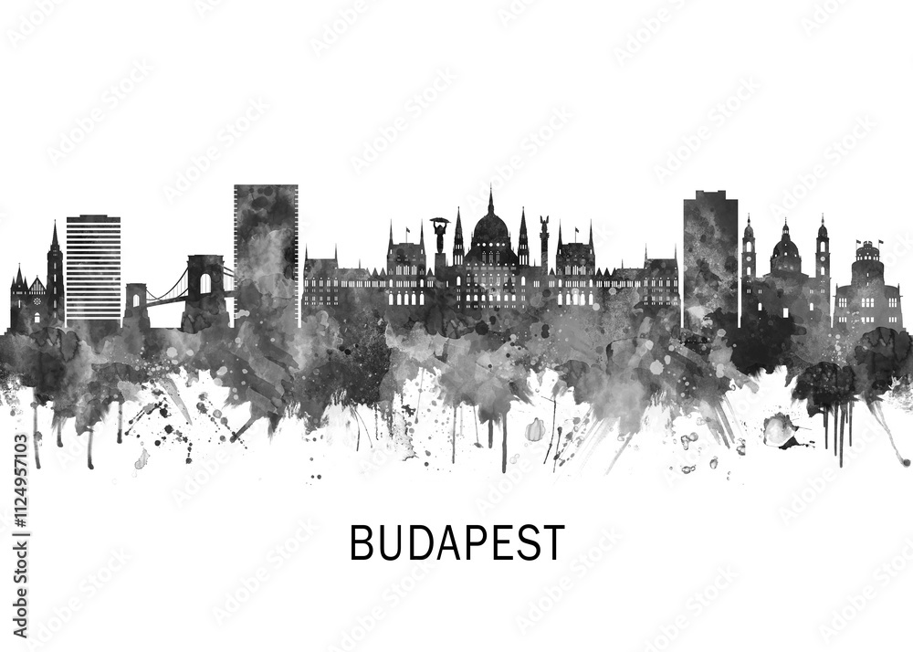 Budapest Hungary Skyline BW, travel art illustration urban modern downtown landmarks skyscrapers artwork abstract architecture digital office home decor Budapest Hungary Skyline BW, travel art illustration urban modern downtown landmarks skyscrapers artwork abstract architecture digital office home decor