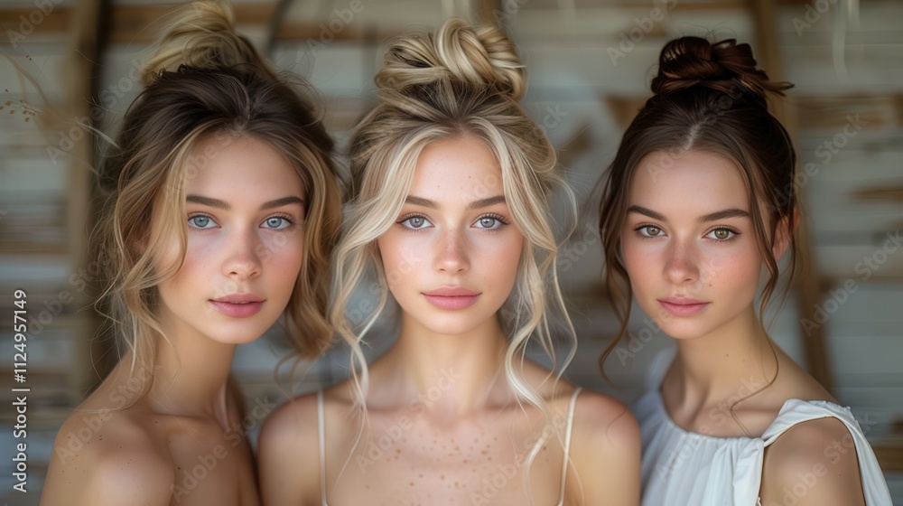 Three stunning models with natural beauty pose gracefully against a rustic background in soft lighting. Generative AI