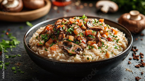 Rich risotto with mushroom blend, food in italian meal and dish style, dinner on plate with rice, gourmet through lunch cuisine.