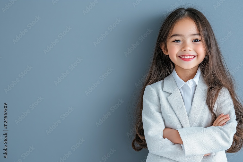 Bright and cheerful little Malay girl student in a white uniform with a big smile posing confidently against a plain background Bright and cheerful little Malay girl student in a white uniform with a big smile posing confidently against a plain background