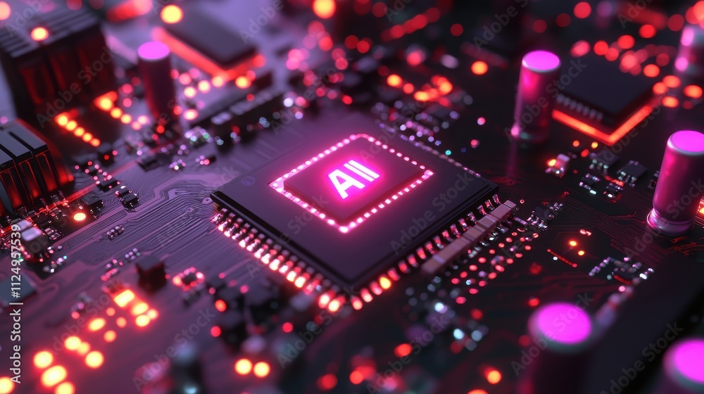 Glowing AI Chip on Futuristic Motherboard Glowing AI Chip on Futuristic Motherboard