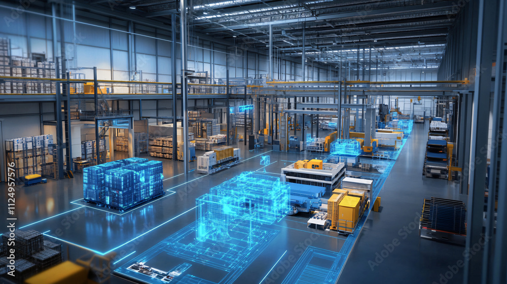 Fototapeta premium Digital twin technology visualizing logistics flows and operations.