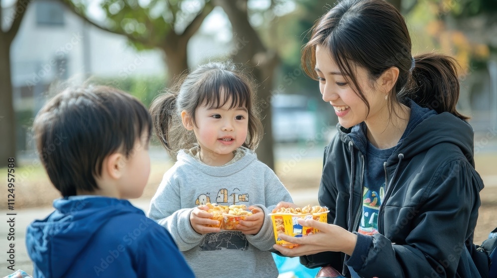 Family Sharing Snacks in Park Near School Highlighting Casual Bonding Moments Family Sharing Snacks in Park Near School Highlighting Casual Bonding Moments