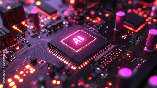 Glowing AI Chip on Futuristic Motherboard