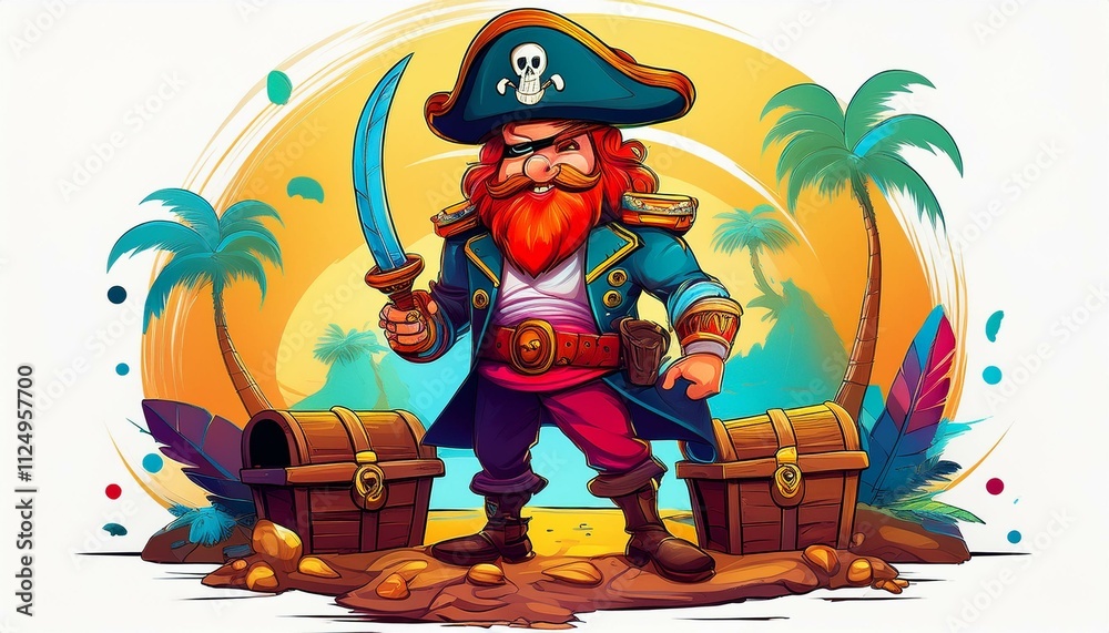 Obraz premium Colorful cartoon pirate captain with a sword and treasure on a tropical beach at sunset. Generative AI