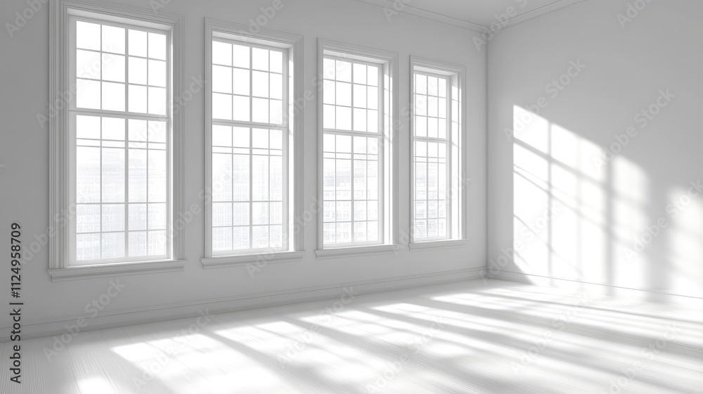 Fototapeta premium Light and shadow play in a bright white studio room with large windows