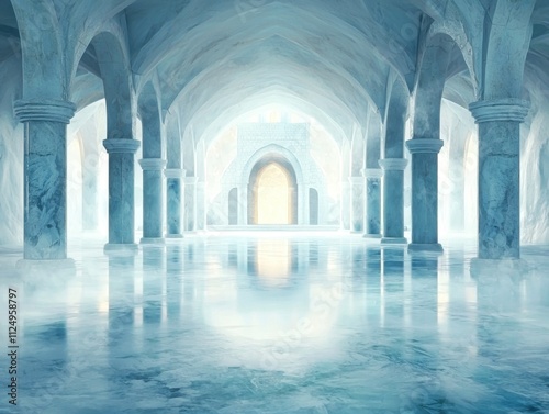 A tranquil, ethereal hall with arched columns, shimmering floors, and a glowing light at the end, creating a serene and mystical atmosphere. photo