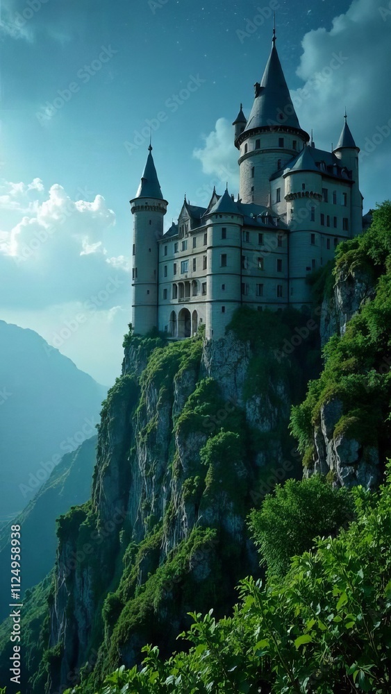 An ancient cliff-top castle surrounded by green vineyards, with moss-covered towers, surrounded by fog and stars in the night sky An ancient cliff-top castle surrounded by green vineyards, with moss-covered towers, surrounded by fog and stars in the night sky