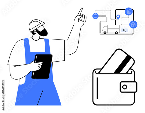 Worker in blue overalls holding tablet and pointing at logistics diagram. Wallet with credit card on the side. Ideal for logistics planning, delivery services, financial management, business