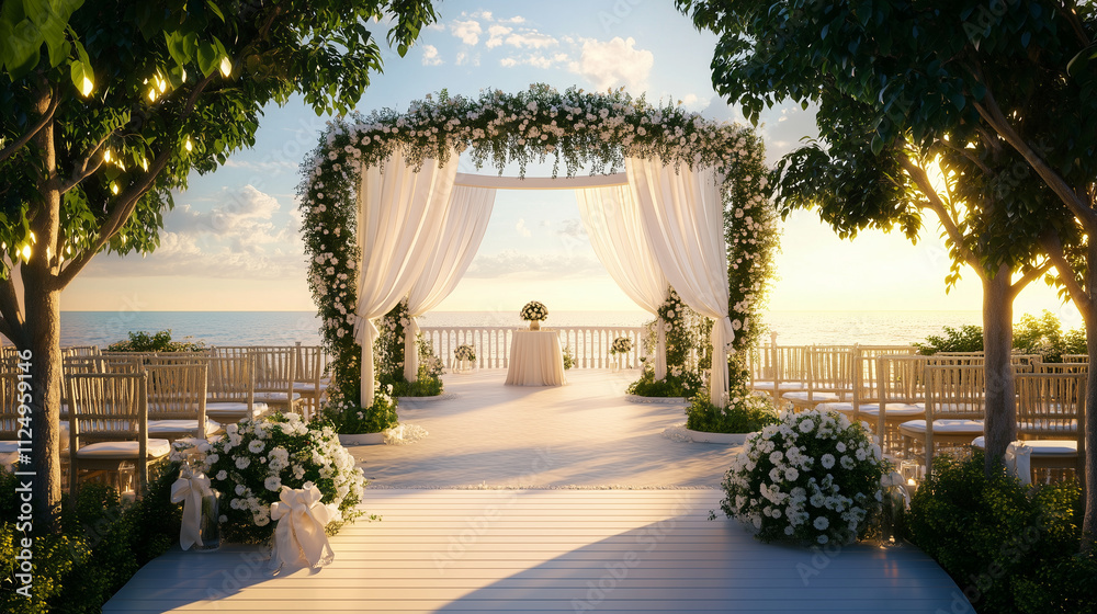 Fototapeta premium Decorated wedding arch at sunset