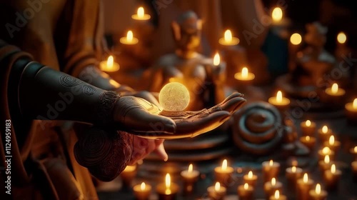 A statue of a Buddha is sitting in a room with plants. The statue is holding a small ball in its hand. The room has a calm and peaceful atmosphere, with the statue and plants adding to the serenity