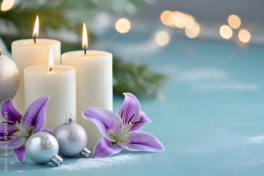 3 white candles, purple and silver lily flowers, snowflakes, Christmas ornaments on a blur background 3 white candles, purple and silver lily flowers, snowflakes, Christmas ornaments on a blur background