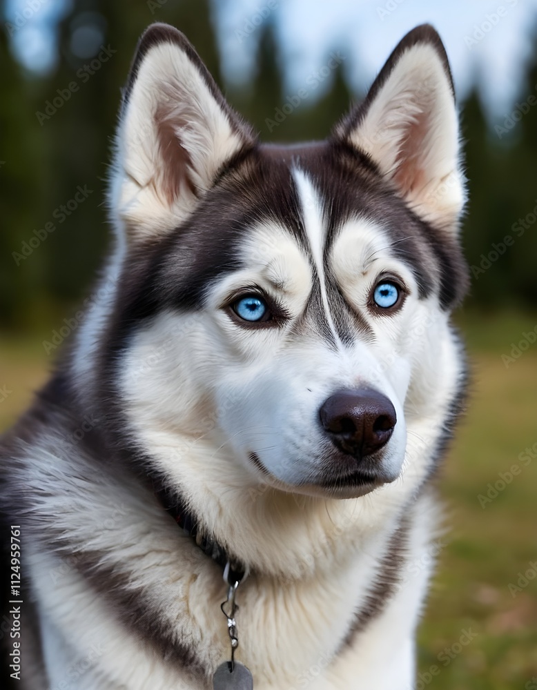 Close-up of a Siberian Husky with fascinating blue eyes, under natural lighting. Close-up of a Siberian Husky with fascinating blue eyes, under natural lighting.